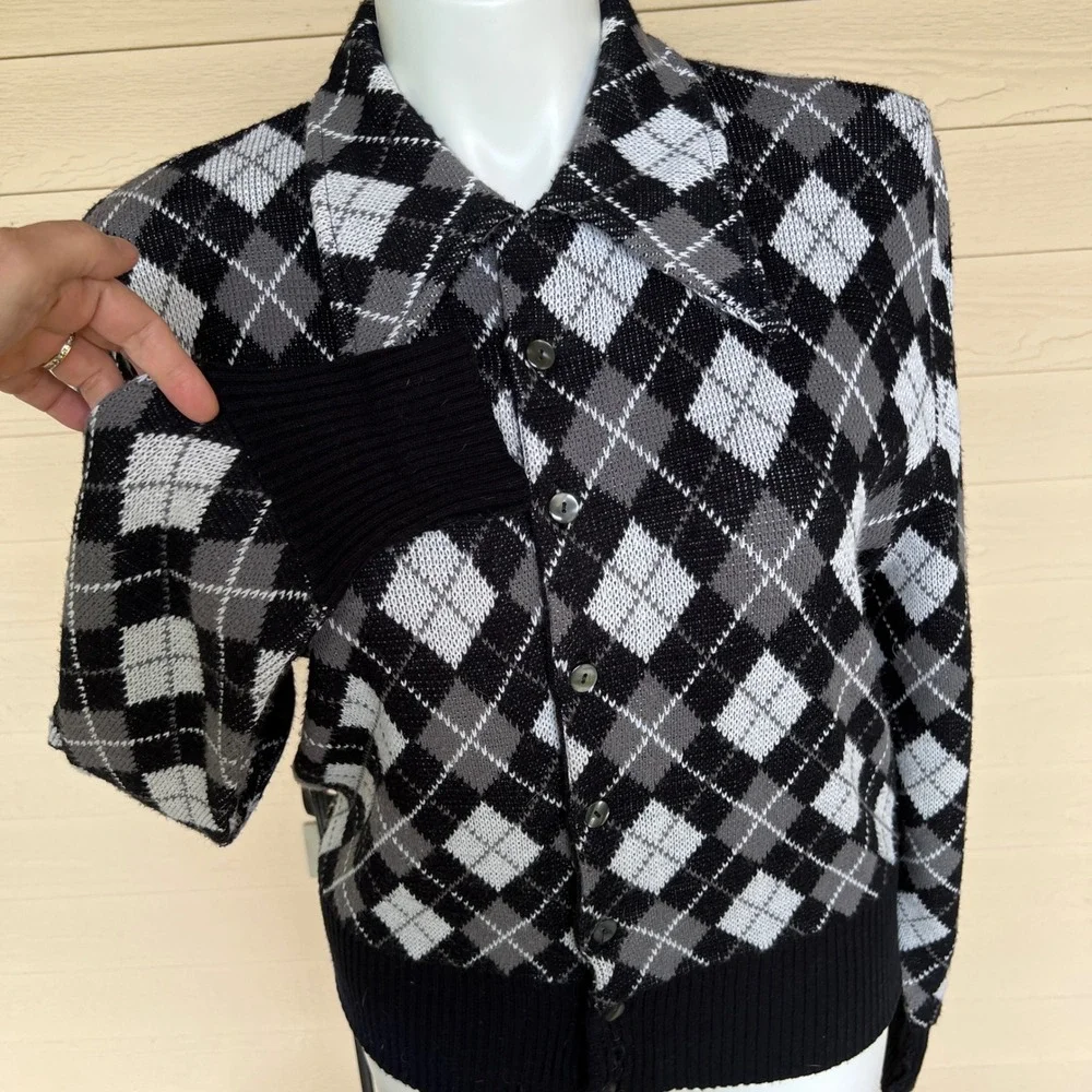 Vintage Don Loper Argyle Cardigan Dagger Collar Black White Gray